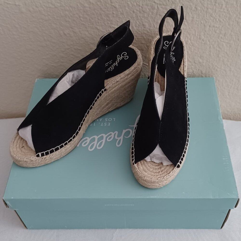Seychelles Promenade Peep Toe Espadrille Wedges Black Suede 7 NIB - Picture 4 of 8